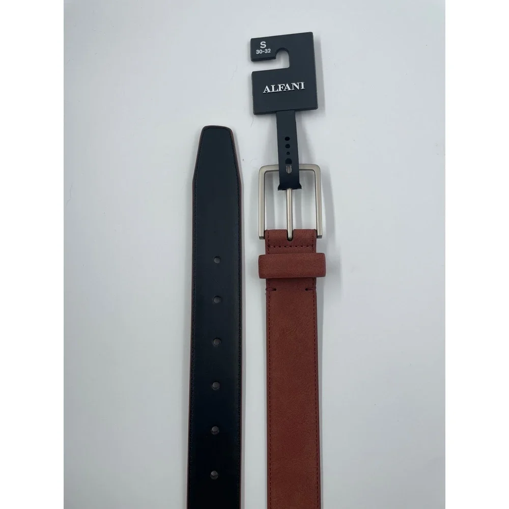 Alfani Mens Reversible Belt Black Rust Brown Size Small 30-32 Square Buckle NEW